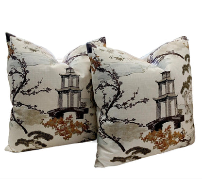 Neutral Pagoda Chinoiserie Print pillow cover