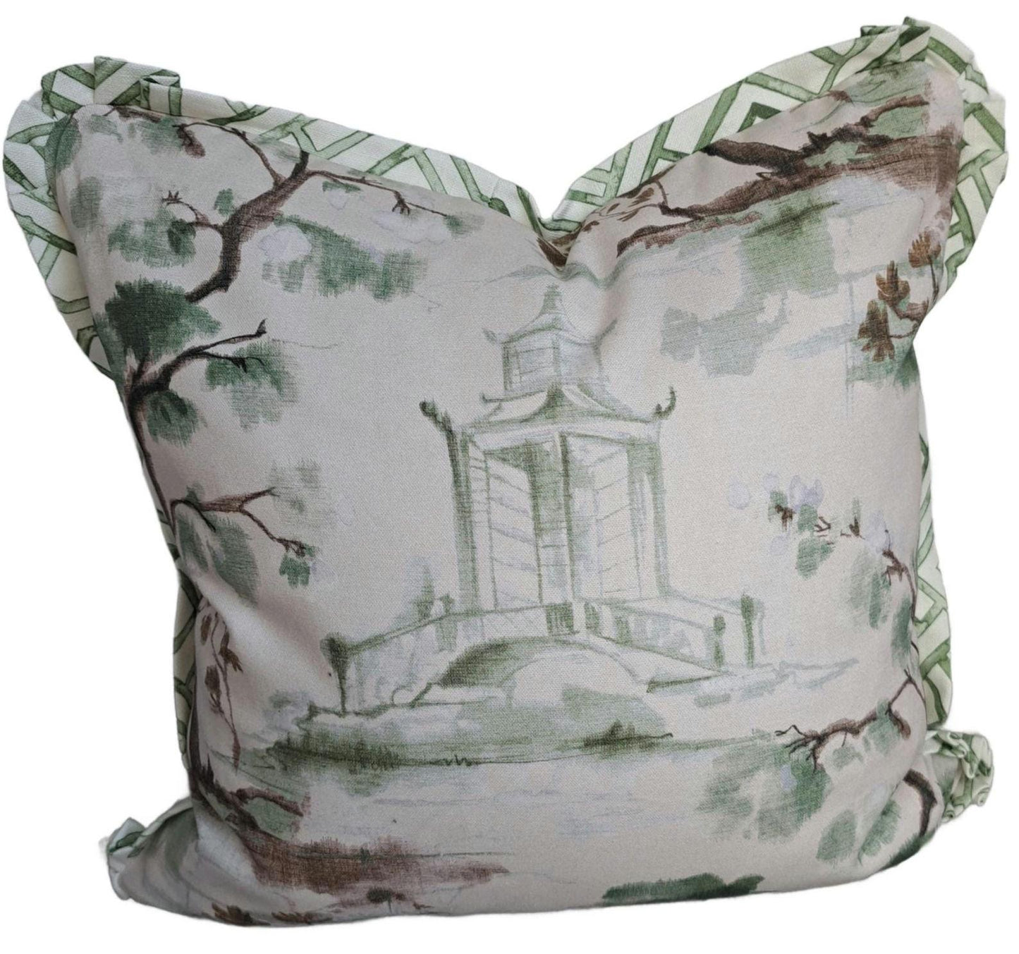 Beige and Green Pagoda Print Pillow