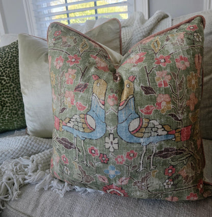 Celery Green Floral Bird Pillow Cover