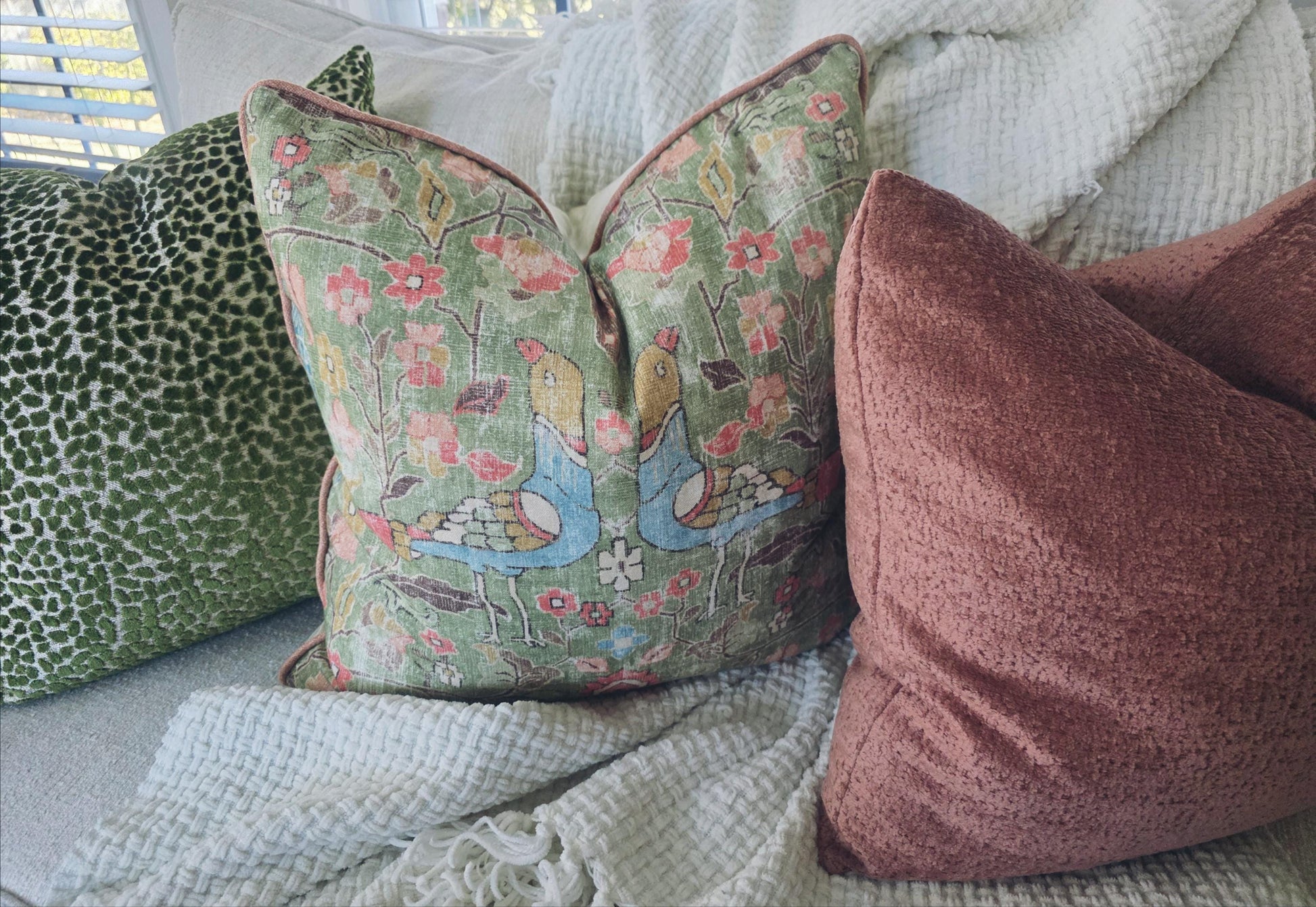 Celery Green Floral Bird Pillow Cover