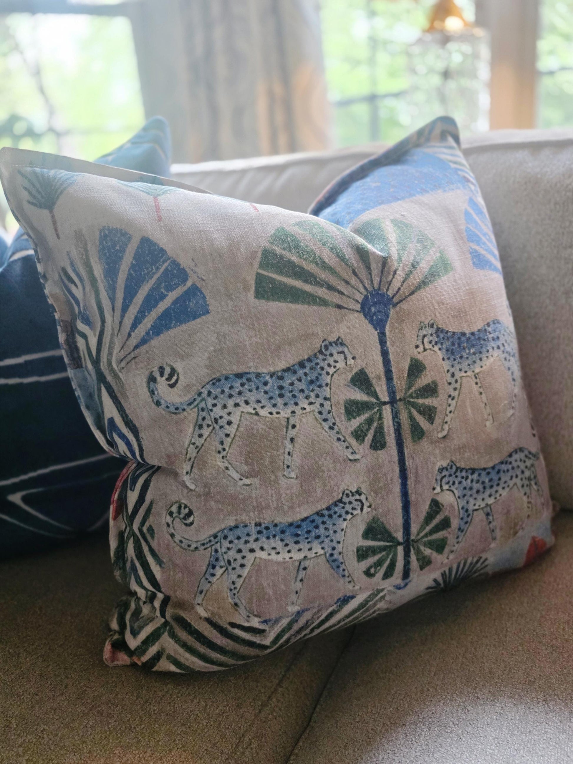 Blue Leopard and Palm Tree Linen Pillow Cover