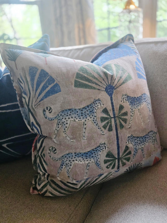 Blue Leopard and Palm Tree Linen Pillow Cover