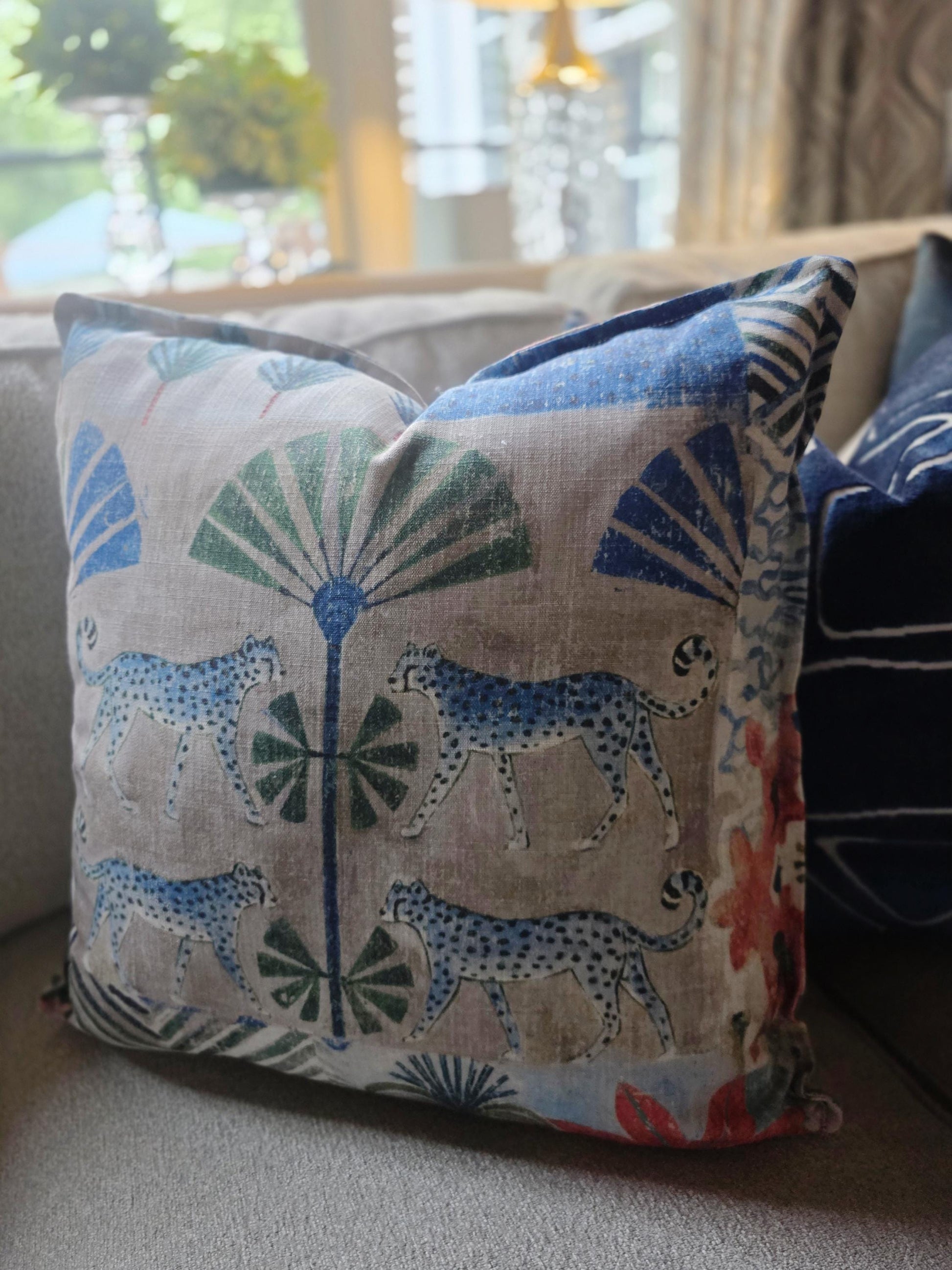 Blue Leopard and Palm Tree Linen Pillow Cover