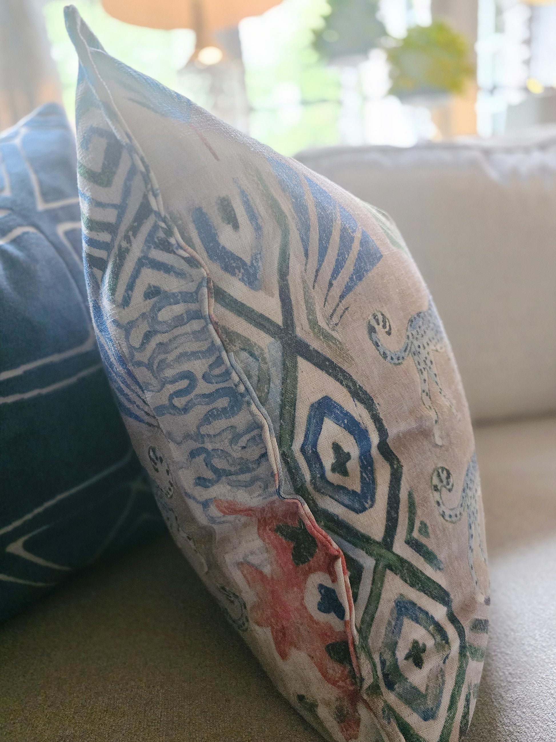 Blue Leopard and Palm Tree Linen Pillow Cover