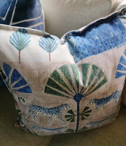 Blue Leopard and Palm Tree Linen Pillow Cover