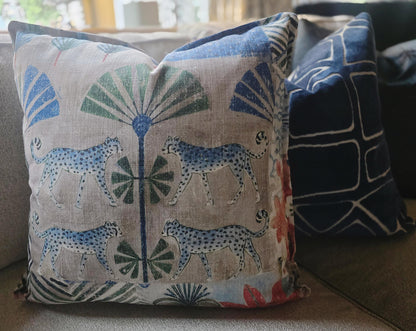Blue Leopard and Palm Tree Linen Pillow Cover
