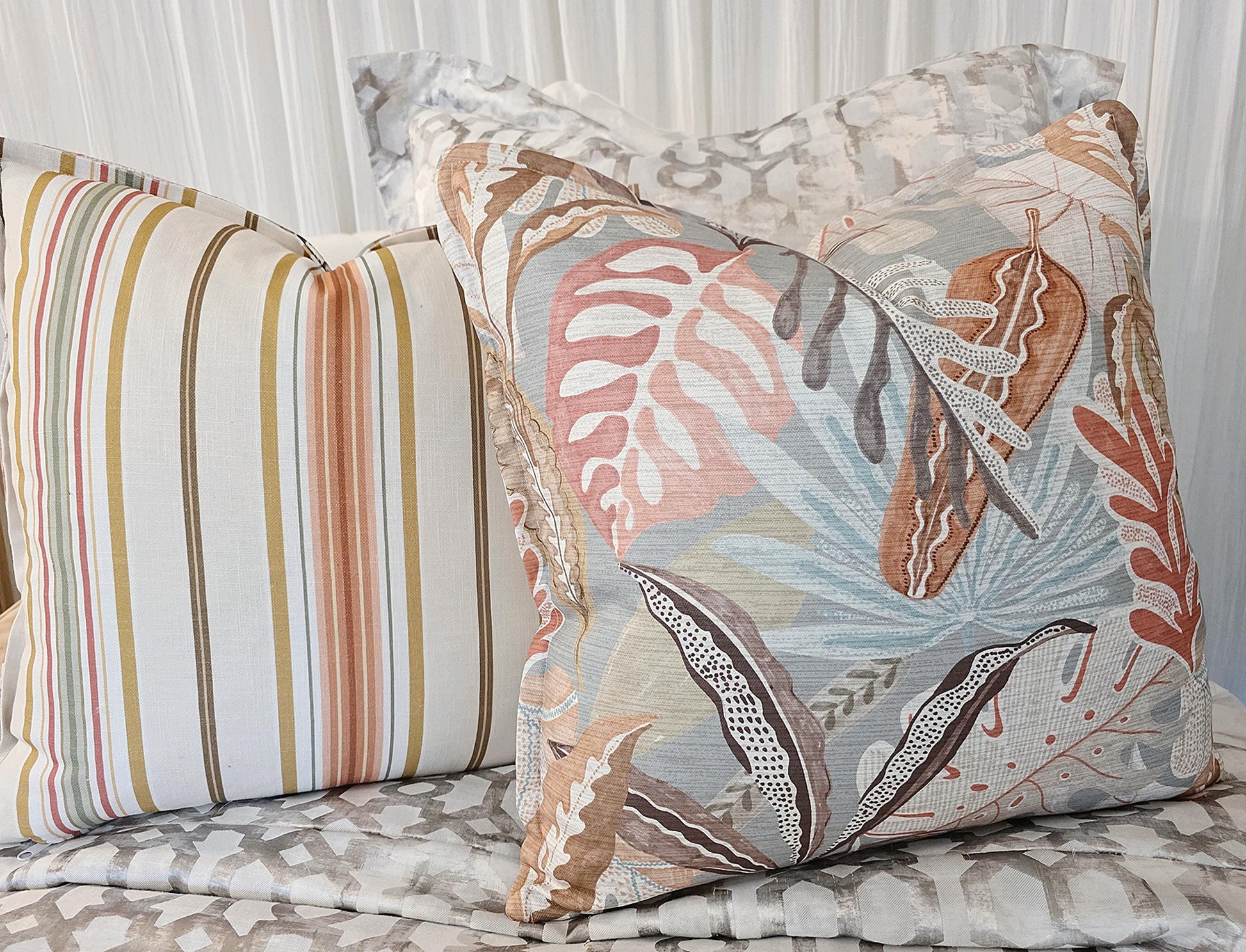 Coral Seafoam Tropical Floral and Stripe Pillow Cover