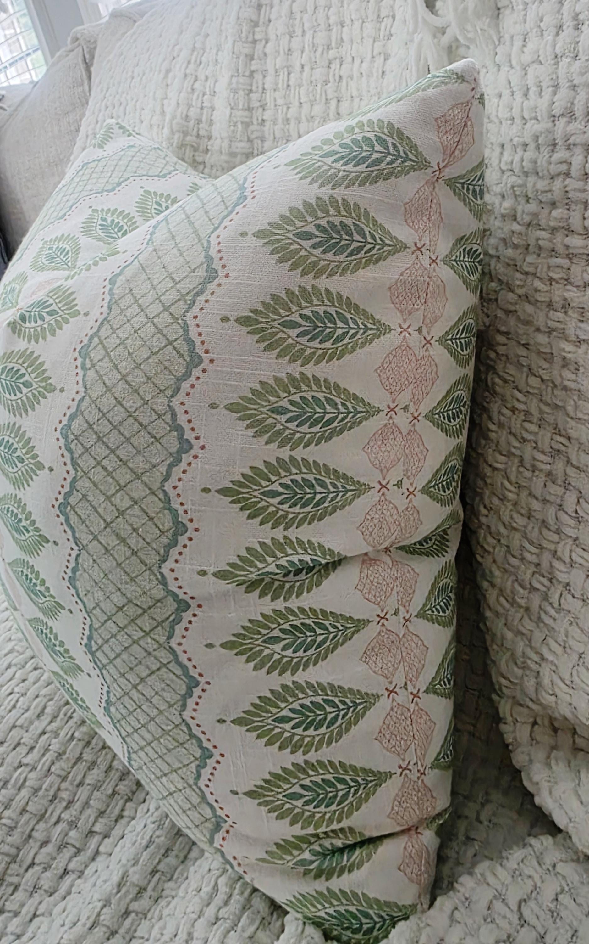 Blush Pink and Green Floral Stripe Pillow Cover