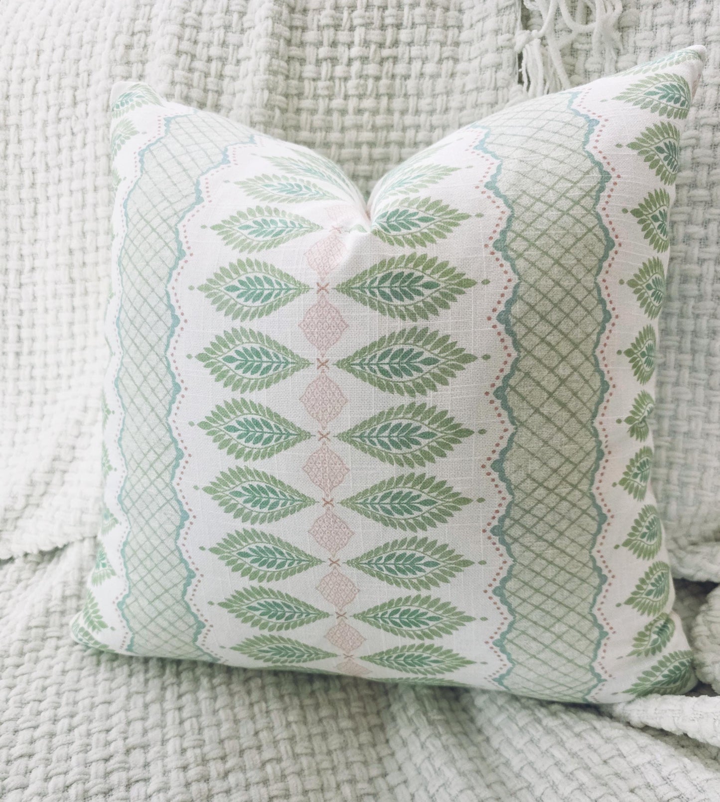 Blush Pink and Green Floral Stripe Pillow Cover