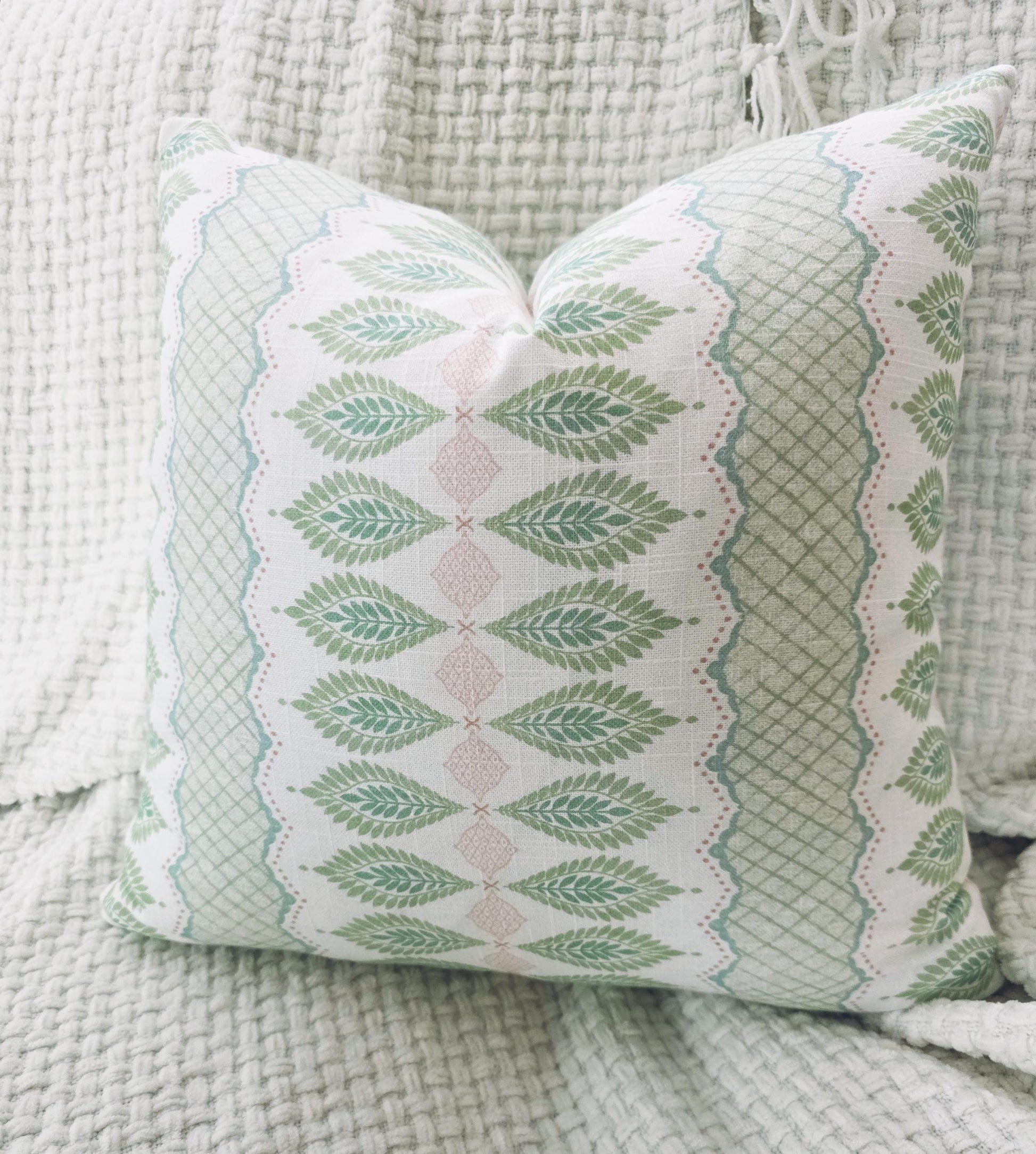 Blush Pink and Green Floral Stripe Pillow Cover