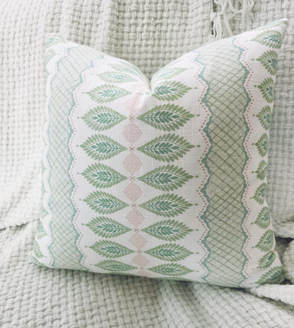 Blush Pink and Green Floral Stripe Pillow Cover