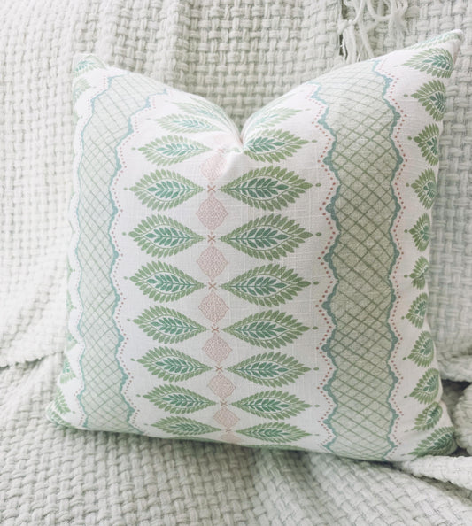 Blush Pink and Green Floral Stripe Pillow Cover