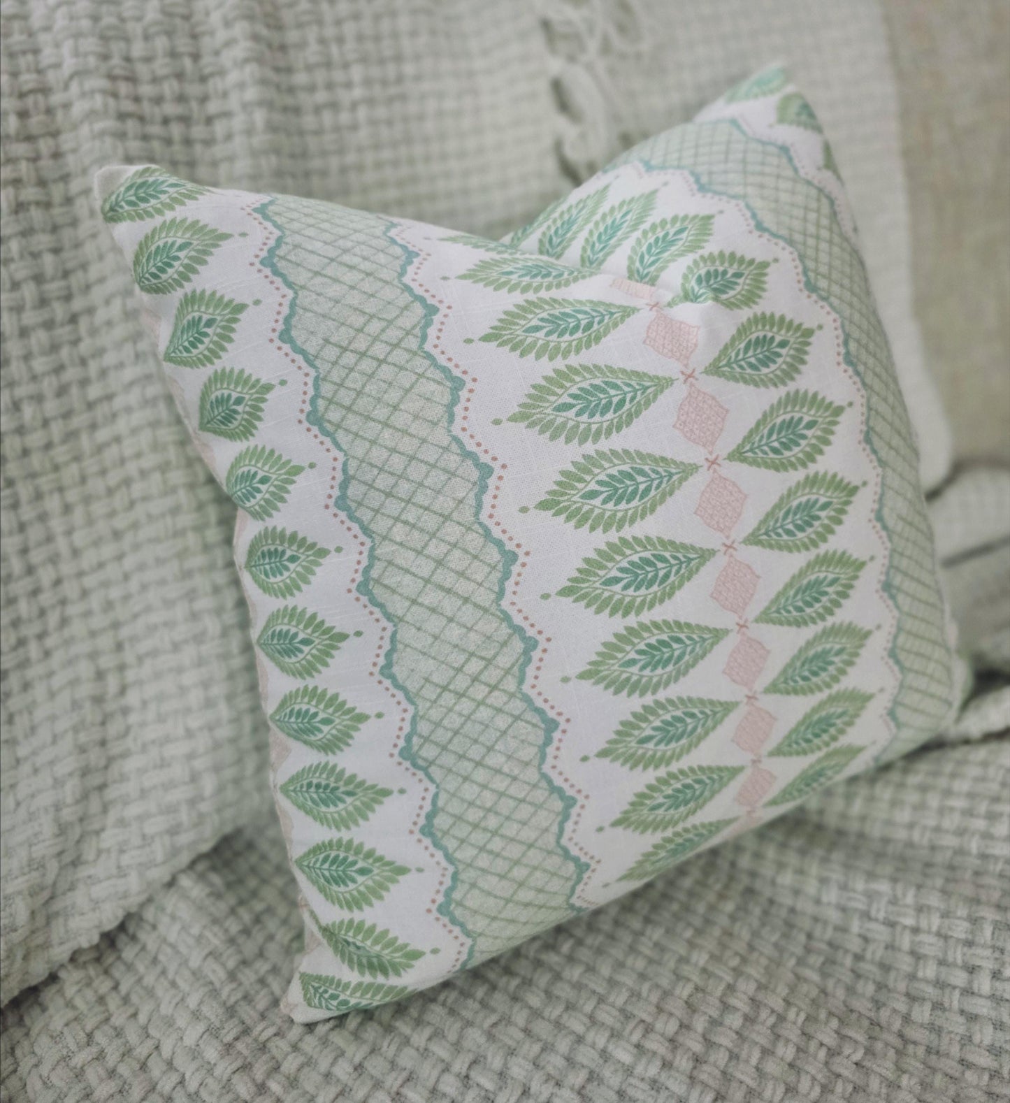 Blush Pink and Green Floral Stripe Pillow Cover
