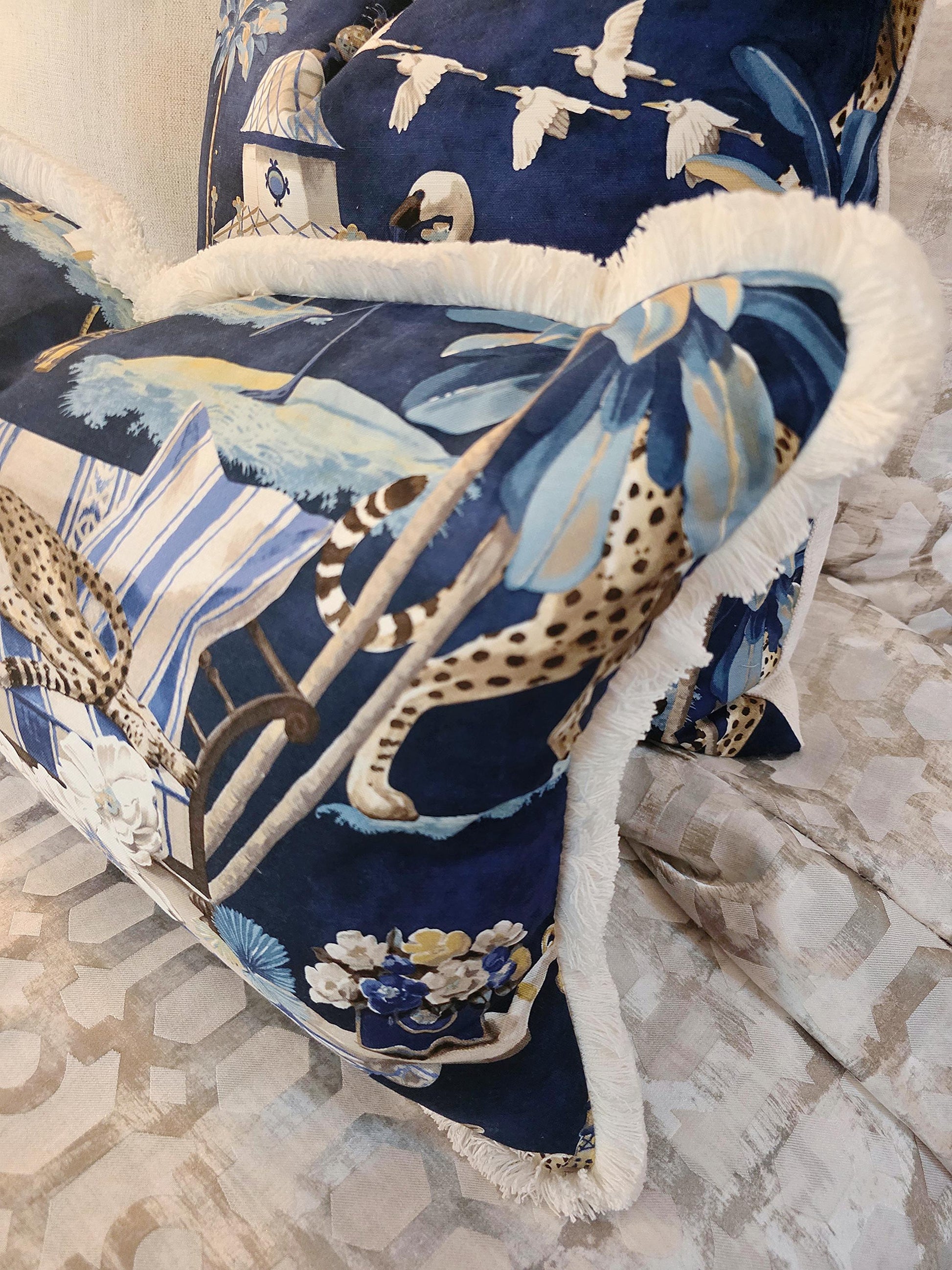 Navy Bird and Leopard Chinoiserie Pillow Cover