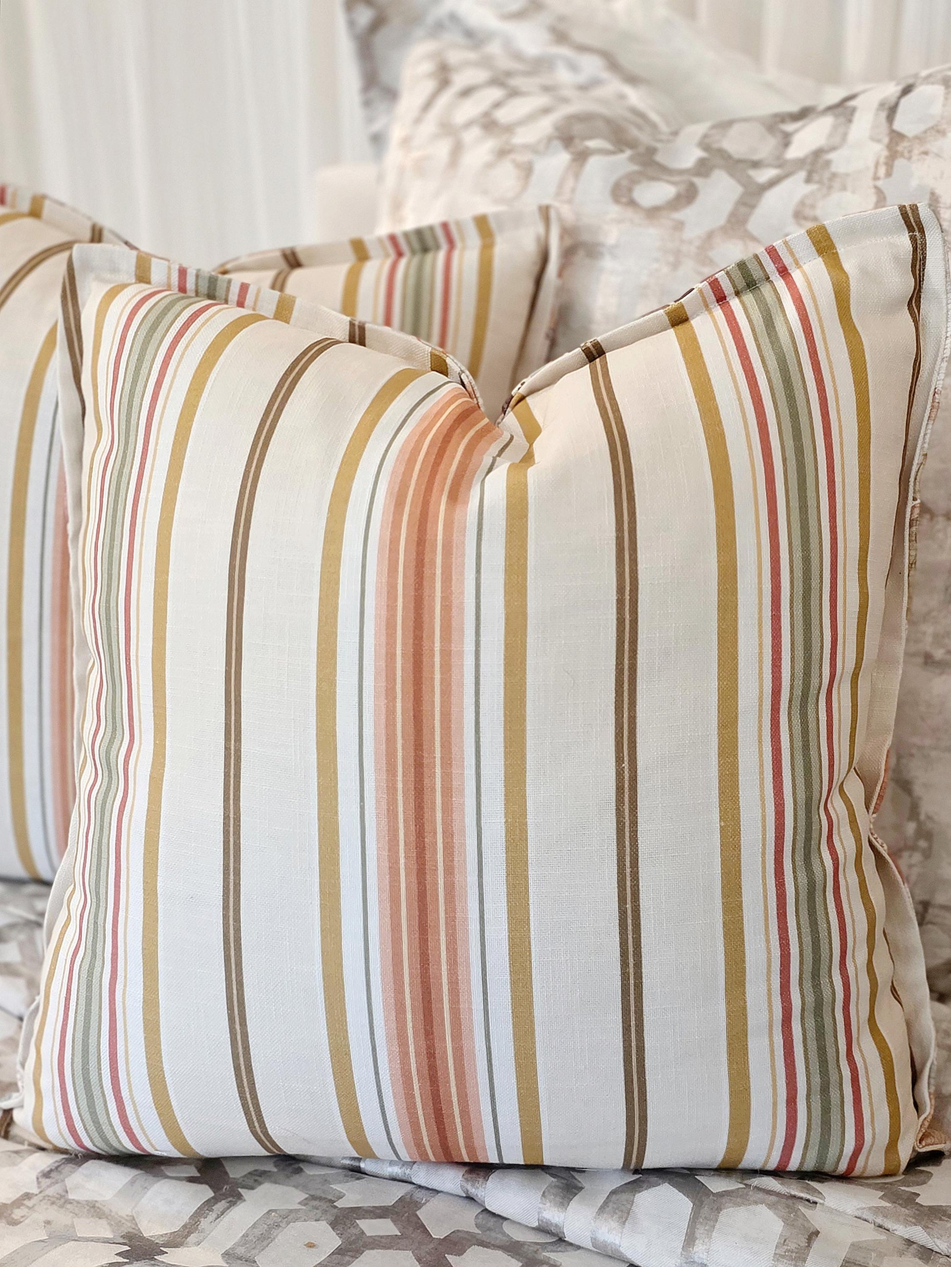 Coral Seafoam Tropical Floral and Stripe Pillow Cover