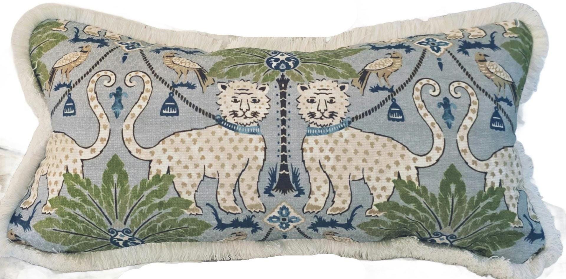 Blue Happy Jaguar Chinoiserie Pillow Cover