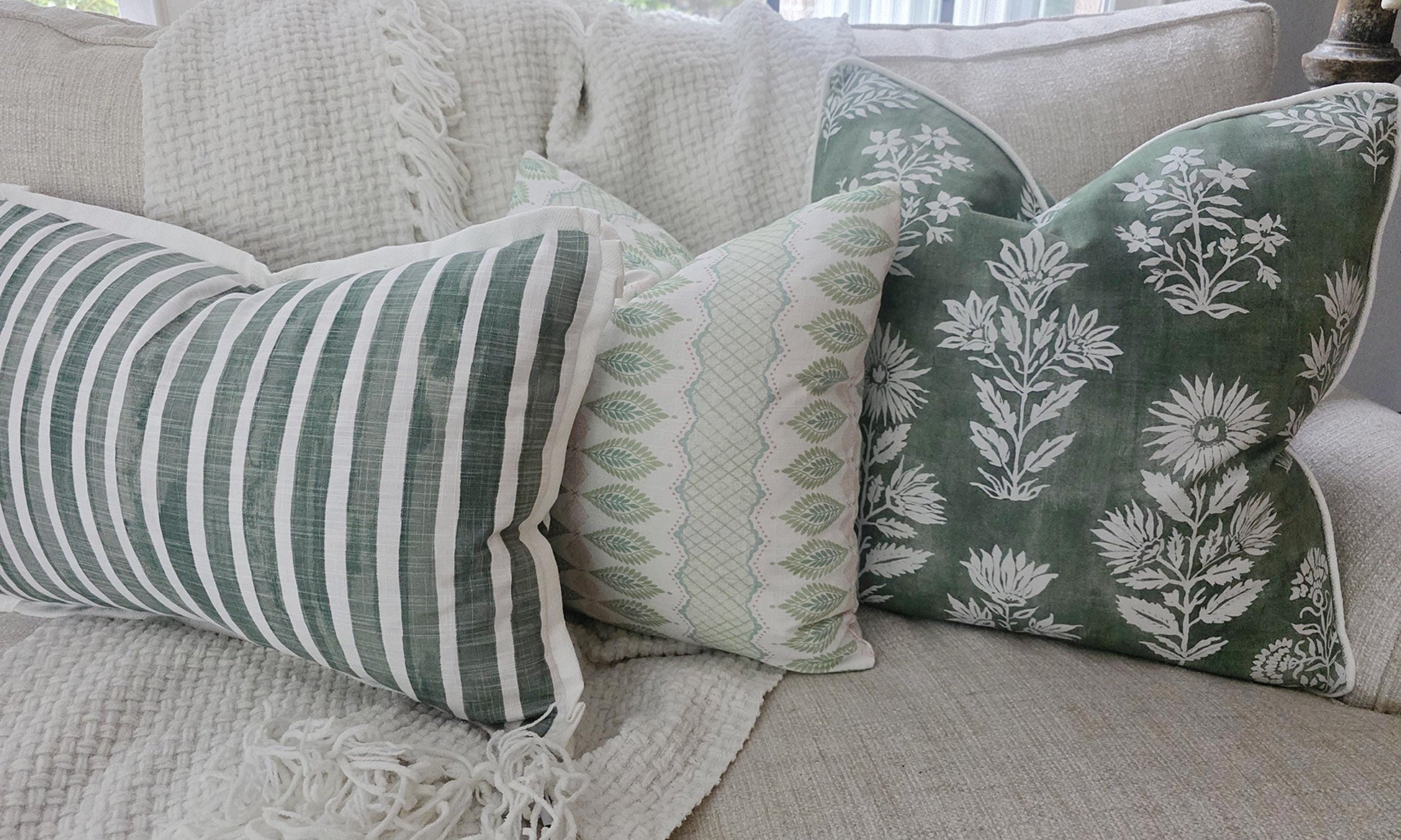 Blush Pink and Green Floral Stripe Pillow Cover