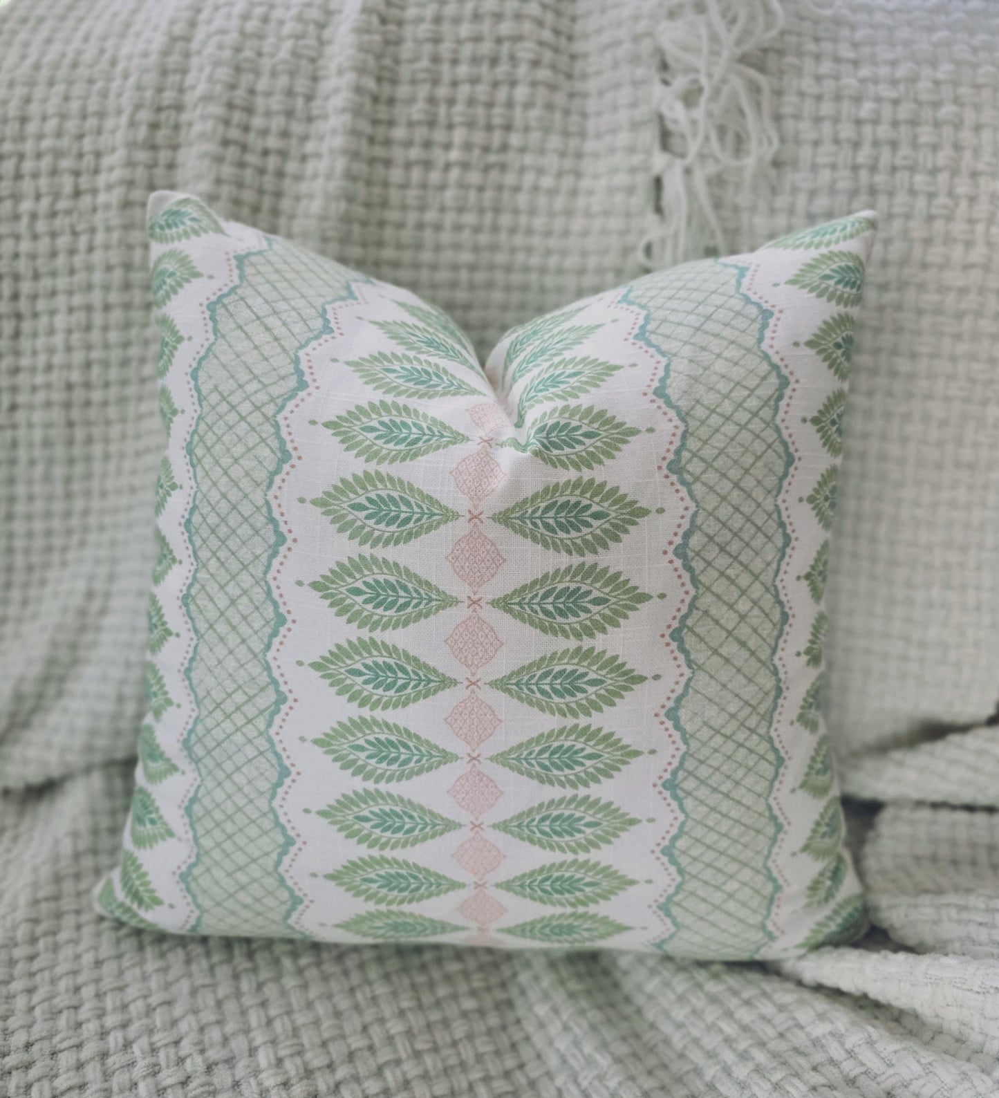 Blush Pink and Green Floral Stripe Pillow Cover