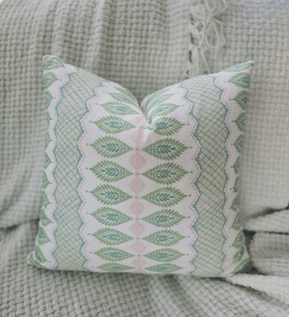 Blush Pink and Green Floral Stripe Pillow Cover