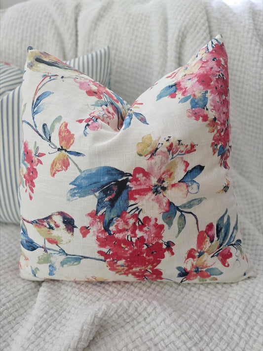 Navy and Pink Floral and Bird Scenery Pillow Cover