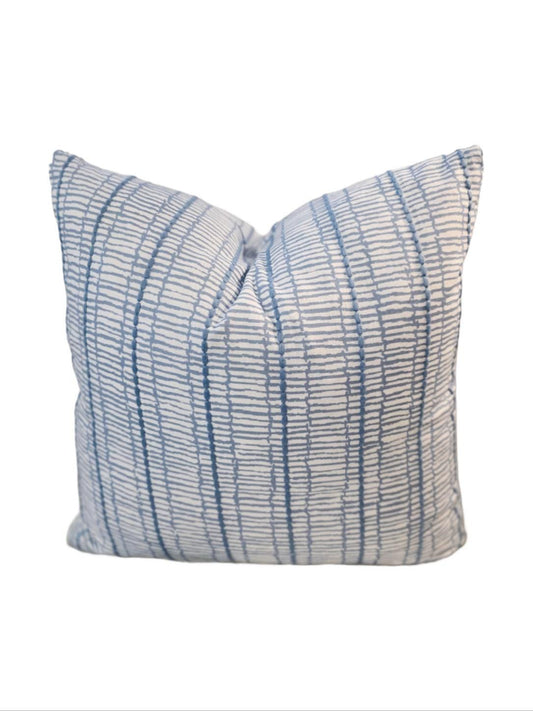 Earthy Linen Blue Embroidered Stripe Pillow Cover