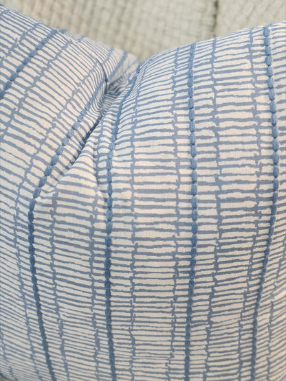 Earthy Linen Blue Embroidered Stripe Pillow Cover