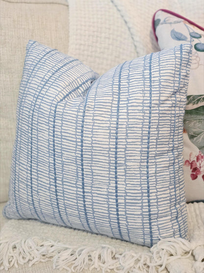 Earthy Linen Blue Embroidered Stripe Pillow Cover