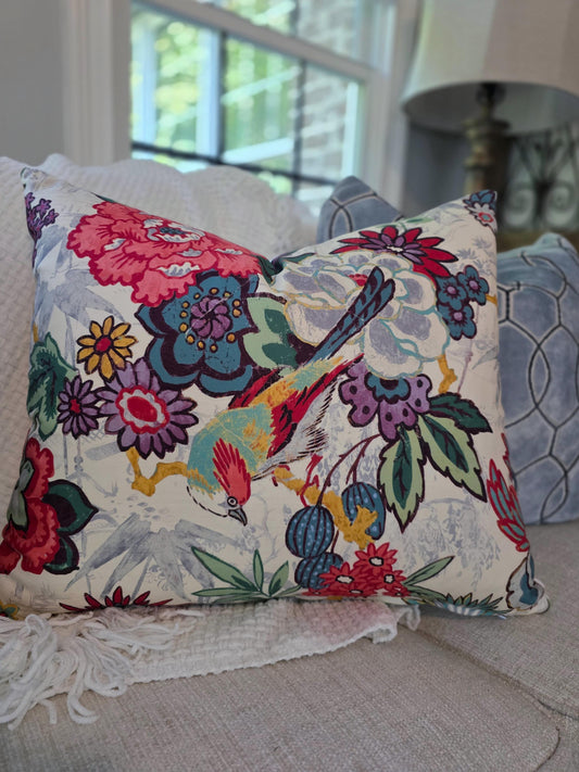 Bright Floral Hibiscus and Bird Pillow Cover