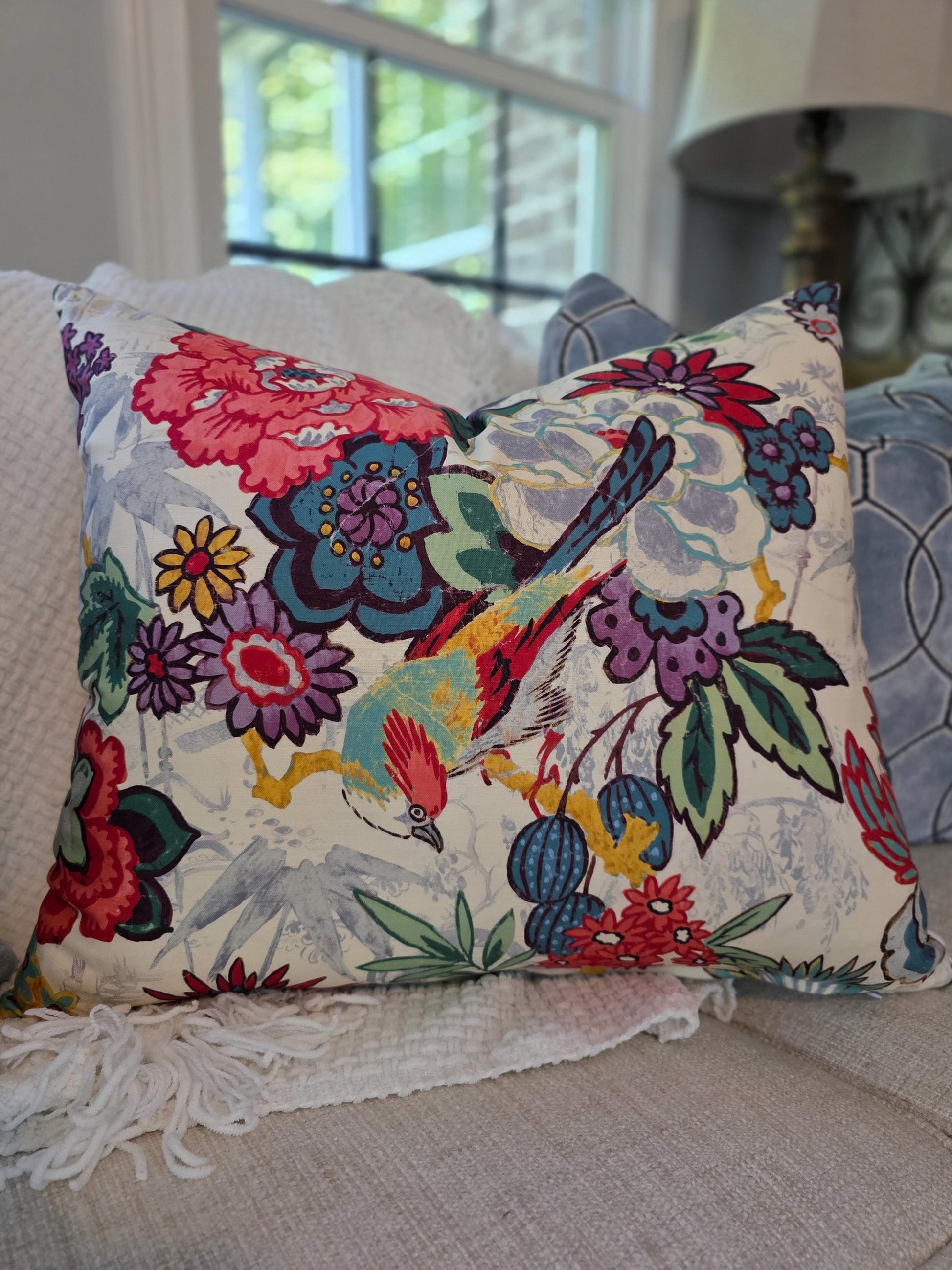Bright Floral Hibiscus and Bird Pillow Cover